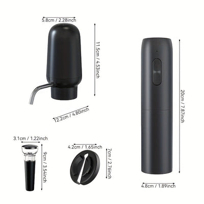 Juego de Abrebotellas Recargable 4 en 1 con Aireador, Cortador de Papel de Aluminio y Tapón de Vacío - Regalo Perfecto para Aficionados al Vino, Alimentado por USB, Negro