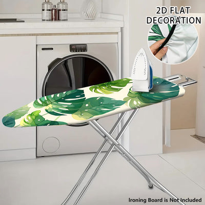 2D Plano, Cubierta de Tablero de Planchar 2D con Estampado de Hojas Tropicales - Ajuste Reajustable, Borde Elástico y Correas de Fijación, Diseño Blanco y Verde, Incluye Soporte de Lavadora y Tablero de Planchar, Cubierta de Lavadora, Decoración de Habit