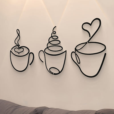1 taza de café de metal negro moderno, escultura de patrón gráfico, decoración de tema cultural para pared para salón, restaurante, fondo de habitación, uso interior - Arte de hierro de lujo colgado en la pared