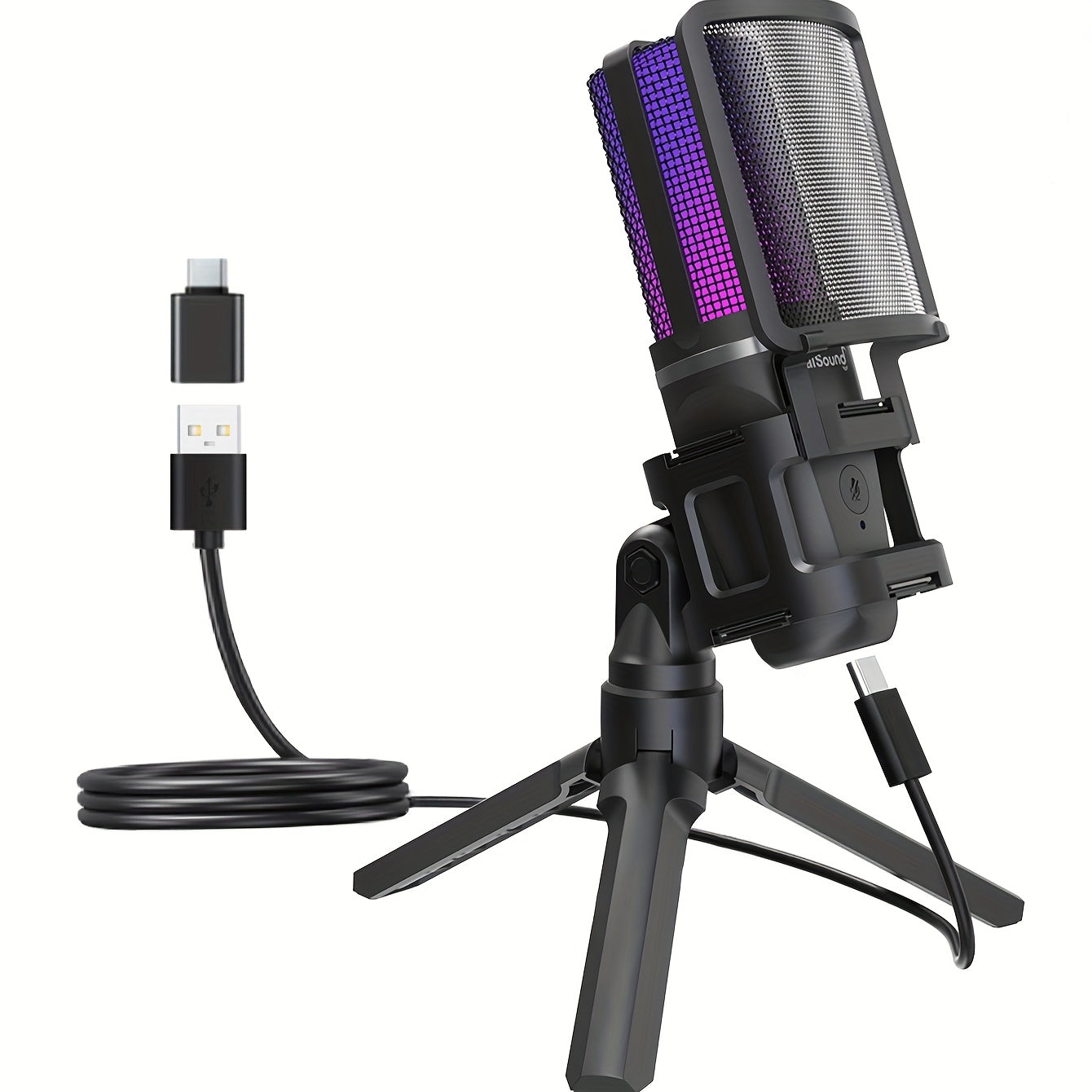 Micrófono de condensador USB Zealsound con iluminación RGB, Plug-and-Play, compatible con PCs, PS4 y PS5, Mac, teléfonos móviles, perfecto para Discord, Zoom, grabación, incluye adaptador Type-C, botón silencioso, soporte trípode, filtro pop y soporte an