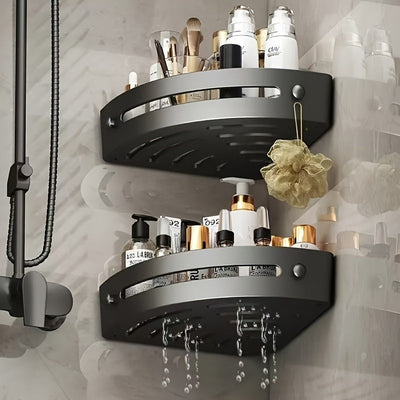 2 piezas de estantes de ducha de esquina adhesivos sin taladrar - Organizador de pared para champú, jabón y artículos de tocador, estante de almacenamiento de baño que ahorra espacio con acabado negro elegante, soporte de artículos de tocador, estética m