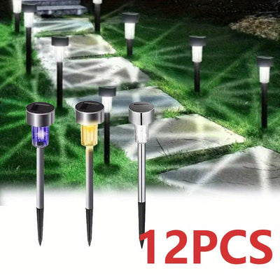 Un conjunto de 12 luces solares de camino con diseño semi enterrado, fabricadas de acero inoxidable para iluminación decorativa al aire libre. Son eficientes en energía y emiten una luz blanca suave/cálida/luz cálida/luz de color, adecuadas para patios,