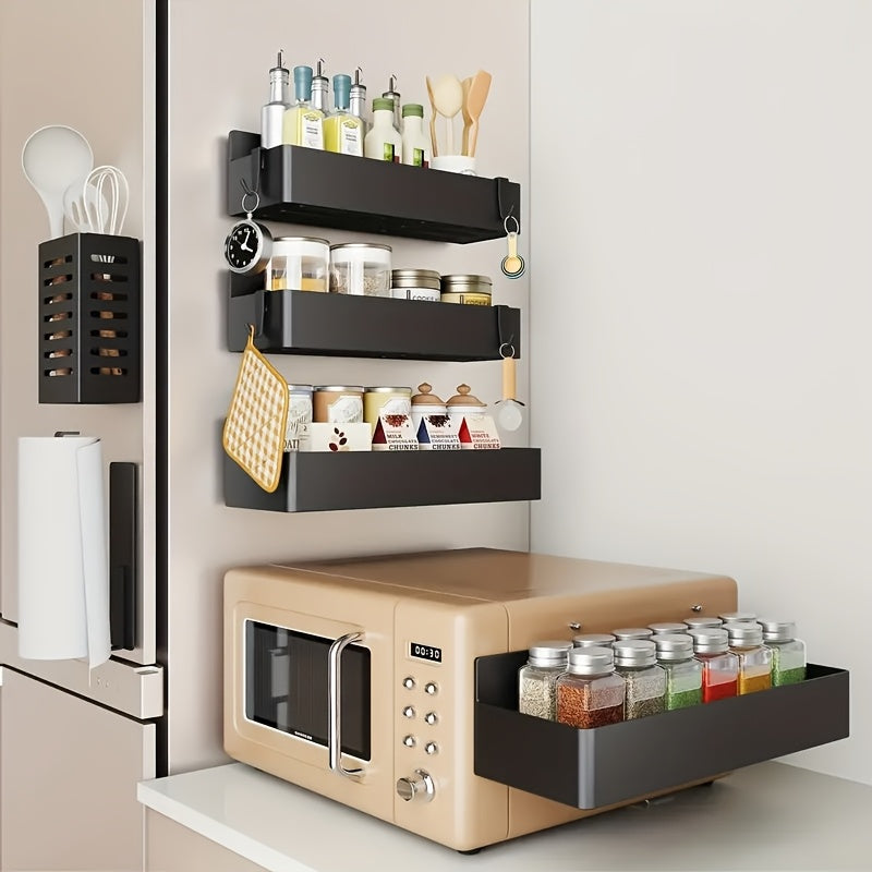 Pack de 2 Cestas Magnéticas Grandes para Almacenamiento en Plástico para Refrigerador, Microondas y Lavadora - Organizador Multifuncional de Cocina, Soporte Magnético para Especias sin Necesidad de Taladro ni Pegamento, Estante Extraíble