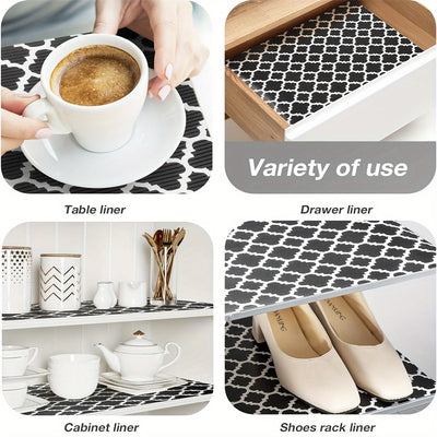 1 Rollo de Forro para Estantes Impermeable y No Adhesivo con Diseño Elegante de Trébol Gris y Blanco y Ondas - Tapete de Plástico Duradero y Cortable para Refrigeradores, Cajones de Cocina, Armarios | Antideslizante, Impermeable, Mantel para Refrigerador
