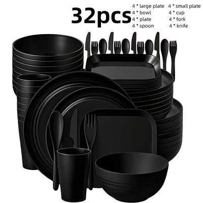 Juego de vajilla de plástico PP ligero, 32/64 piezas, resistente para microondas y lavavajillas, forma redonda moderna, ideal para Año Nuevo, Día de San Valentín y picnics al aire libre (en gris y negro), esenciales para picnic, vajilla moderna, juego de