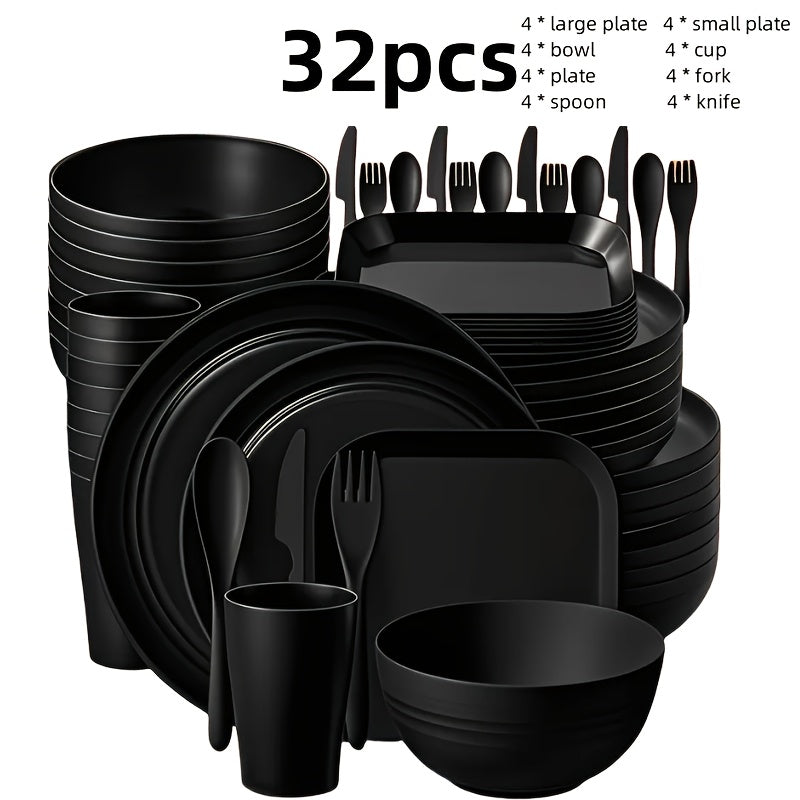 Juego de vajilla de plástico PP ligero, 32/64 piezas, resistente para microondas y lavavajillas, forma redonda moderna, ideal para Año Nuevo, Día de San Valentín y picnics al aire libre (en gris y negro), esenciales para picnic, vajilla moderna, juego de