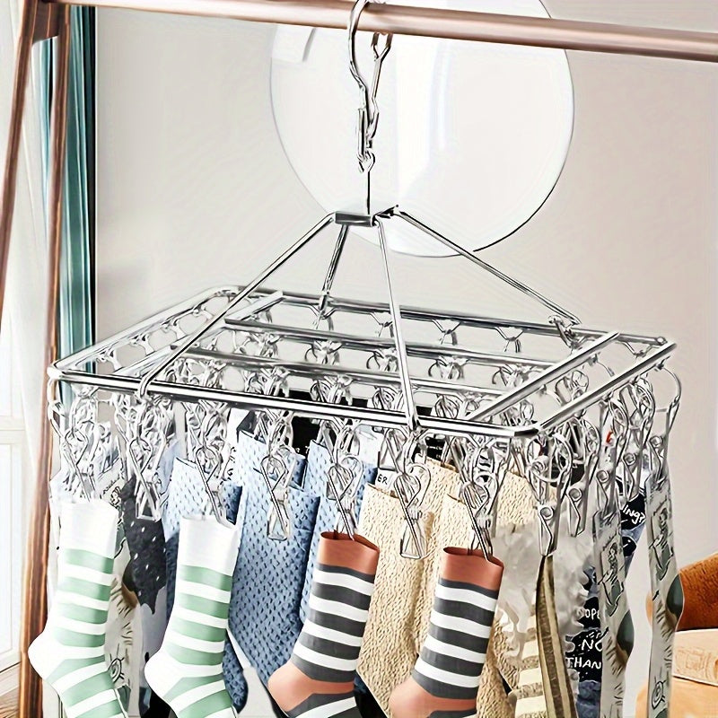 Organizador colgante de acero inoxidable resistente al viento con 20 clips, ideal para secar calcetines, ropa interior y calcetines navideños. Ahorro de espacio para colgar ropa y solución de secado, adecuada para el hogar y el dormitorio, estantes de se