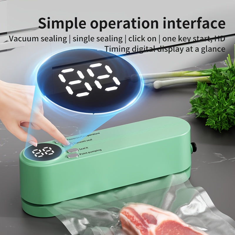Sellador al Vacío Recargable por USB con Batería de 1200mAh, Verde Menta - Control de Temperatura de Múltiples Velocidades, Diseño que Ahorra Espacio para la Conservación de Alimentos - Ideal para Snacks, Carne, Frutas, Verduras en Casa y Uso Exterior, S
