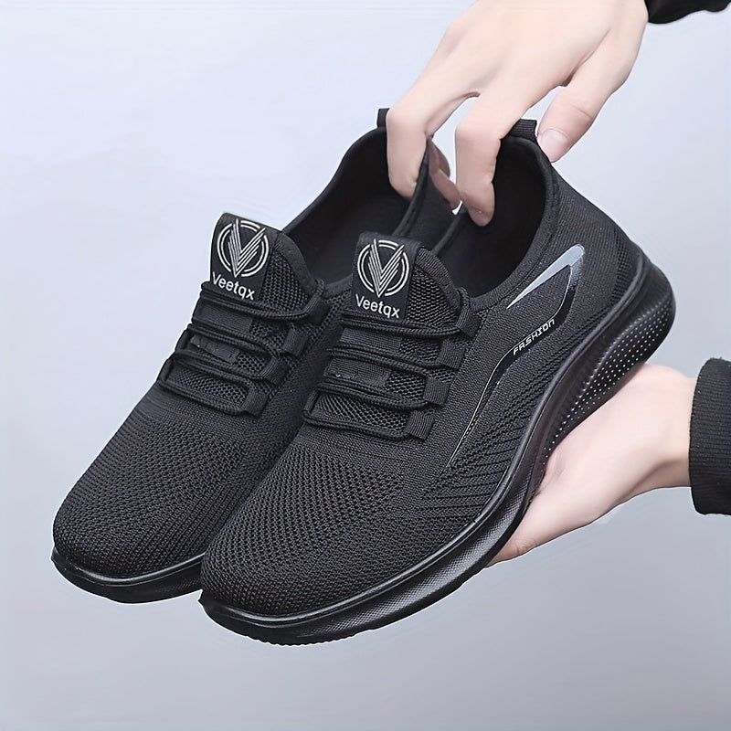 Zapatillas de running ligero y transpirable para hombre - Estilo negro con logotipo blanco, diseño con cordones para senderismo al aire libre, ropa casual y jogging en carretera, accesorios para senderismo.