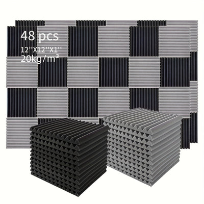 48pcs Paneles de Espuma Acústica, Cuñas de Aislamiento Acústico para Estudio, Relleno Antifuego y Aislante de Sonido, Cuñas de 1"×12"×12" Tratamiento de Absorción con Esponja de Espuma Acústica, Ideal para Dormitorio, Estudio y Oficina, Negro y Gris