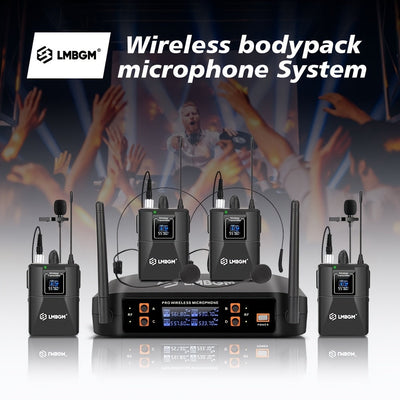 Sistema de micrófono inalámbrico LMBGM Pro 4 canales 4 Bodypacks Lavalier 4 Micrófonos de solapa 4 Auriculares para sistema de karaoke Iglesia Hablando Conferencia Boda Fiesta.