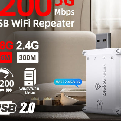 Repetidor WiFi USB de doble banda 5G de 1200Mbps para escritorios, Plug & Play, amplificador de Internet inalámbrico, compatible con redes 2.4G/5G, sin necesidad de batería