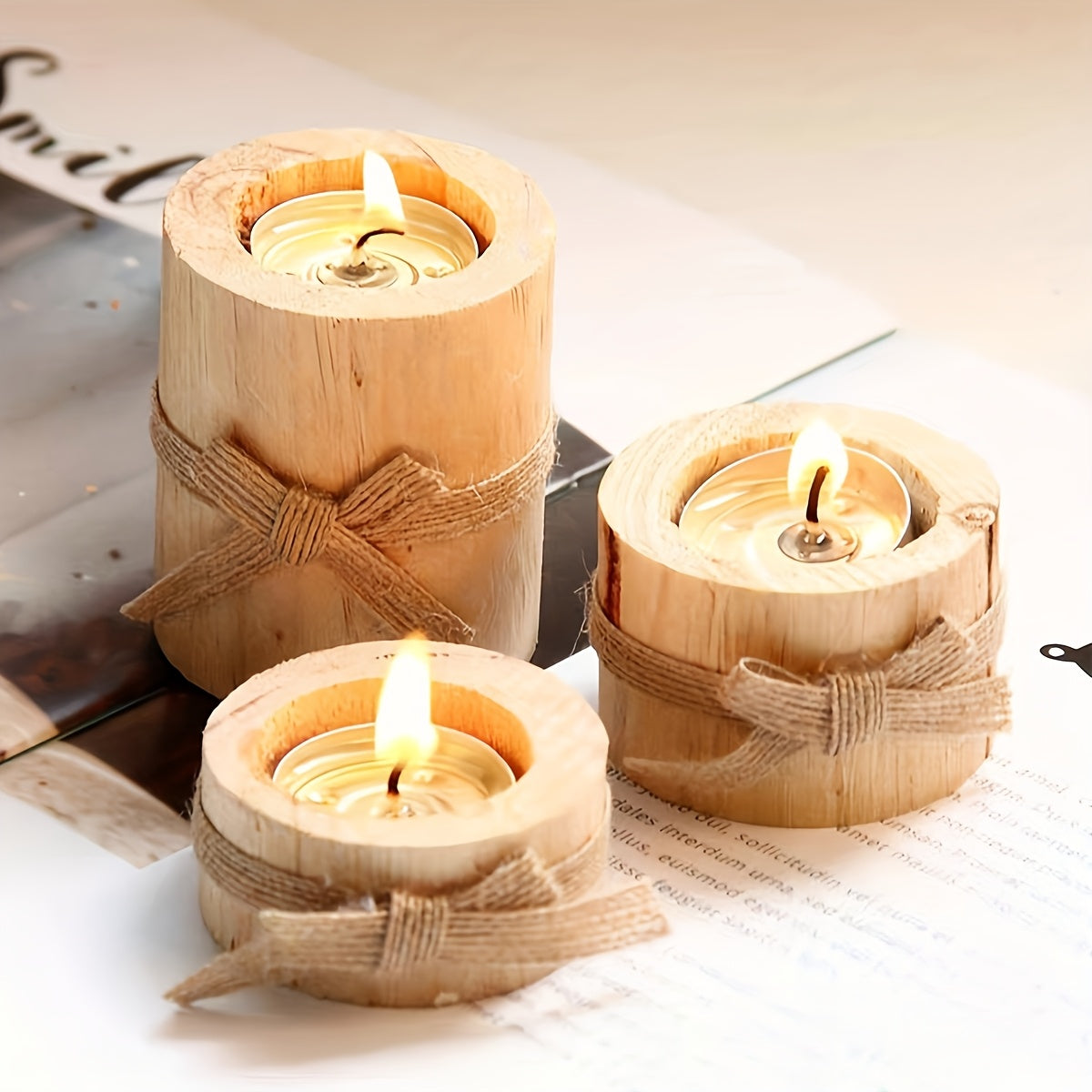 Juego de 3 Portavelas de Madera Pulida Hechos a Mano - Velas de Madera Rústica para Decoración de Fiestas y Cenas a la Luz de Velas en Casa
