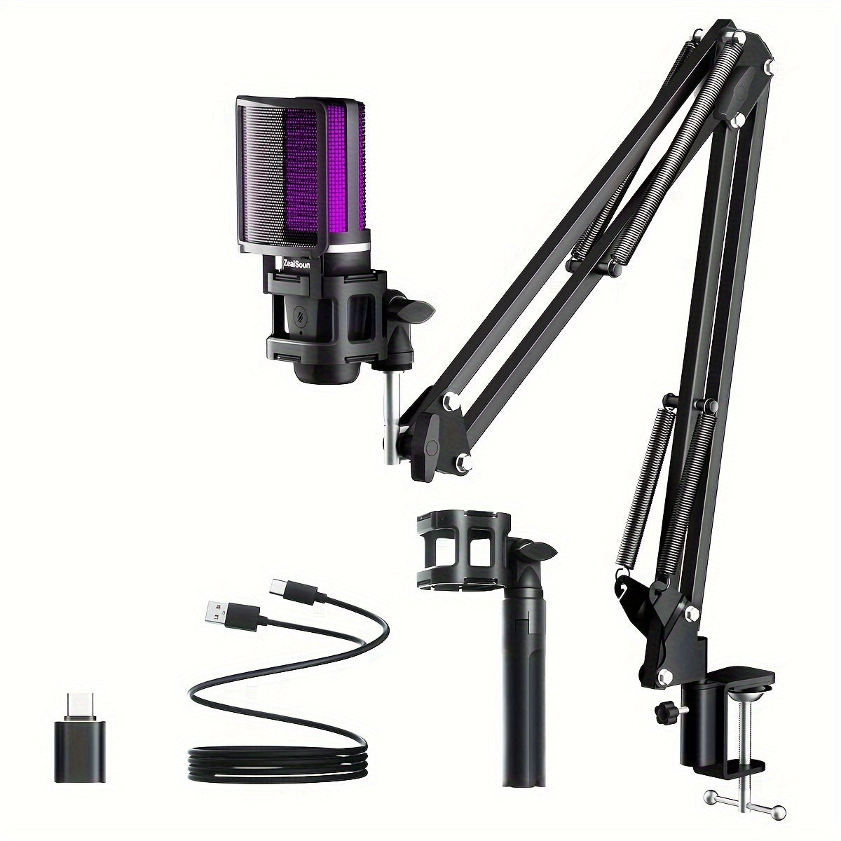 Kit de Micrófono Condensador ZealSound USB para Gaming, Micrófono Condensador con Brazo Articulado y Luz RGB - Plug and Play para PC, PS4&5, Mac, Teléfono - Ideal para Discord, Grabación - Adaptador Tipo-C Incluido - Botón Silenciar, Soporte de Brazo, Fi