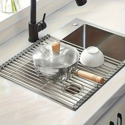 1 unidad de rejilla de drenaje plegable de acero inoxidable, rejilla de filtro de agua, persiana enrollable de fregadero, tazón y palillos, estantería para frutas y verduras, estantería de cocina, rejilla de drenaje plegable, gadgets de cocina, utensilio