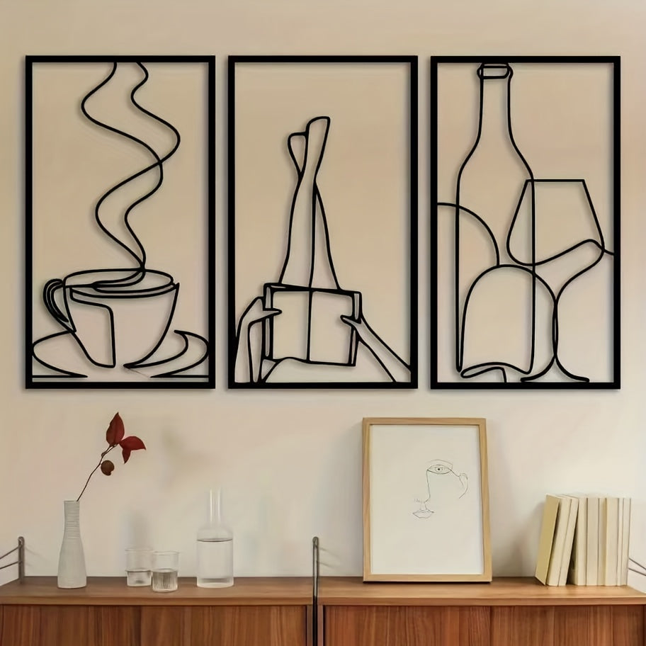Decoración de pared minimalista de tres piezas para libros metálicos, decoración de pared minimalista para amantes del café, regalo de inauguración