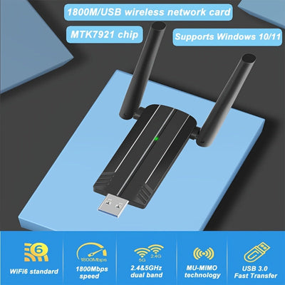Adaptador de Red sin varillas WiFi6 1x USB 3.0 1800Mbps, Adaptador USB WiFi 802.11ax con Interfaz Super USB 3.0, Antena Externa de Alta Ganancia, Doble Banda 5.8G/2.4G, Receptor/Transmisor, Compatible Solo con Windows 10/11