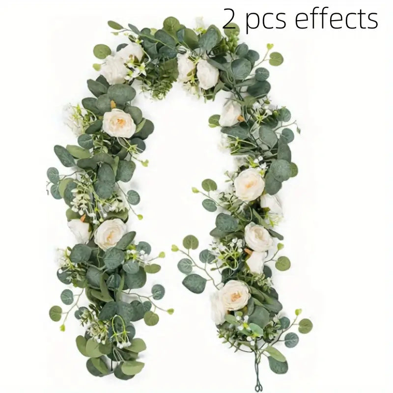 1 pieza de lujosa guirnalda artificial de eucalipto y rosas - Verdura plástica realista para bodas, fiestas en casa, decoración navideña, corredor de mesa y uso al aire libre, no requiere mantenimiento, decoración de bodas, verdura de fiesta, elegante ac
