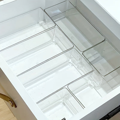 7/8 piezas de caja de almacenamiento de cosméticos de acrílico transparente, organizador de particiones integradas en cajón, caja de almacenamiento de papelería de oficina para encimera, organizador de escritorio y cajón para almacenamiento en casa.
