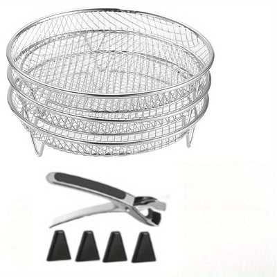 Juego de 8 piezas de accesorios para freidor de aire de acero inoxidable: soporte pila, pinzas y almohadillas de altura - Adecuado para cocinar saludable y deshidratar en freidor de aire de dos cestas, soporte de tres capas para freidor de aire, lavavaji