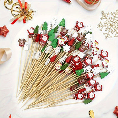 100 piezas, palillos de cóctel navideños festivos - Palitos de madera con copos de nieve, muñecos de nieve, renos y árboles para bebidas navideñas, aperitivos y decoraciones para fiestas.