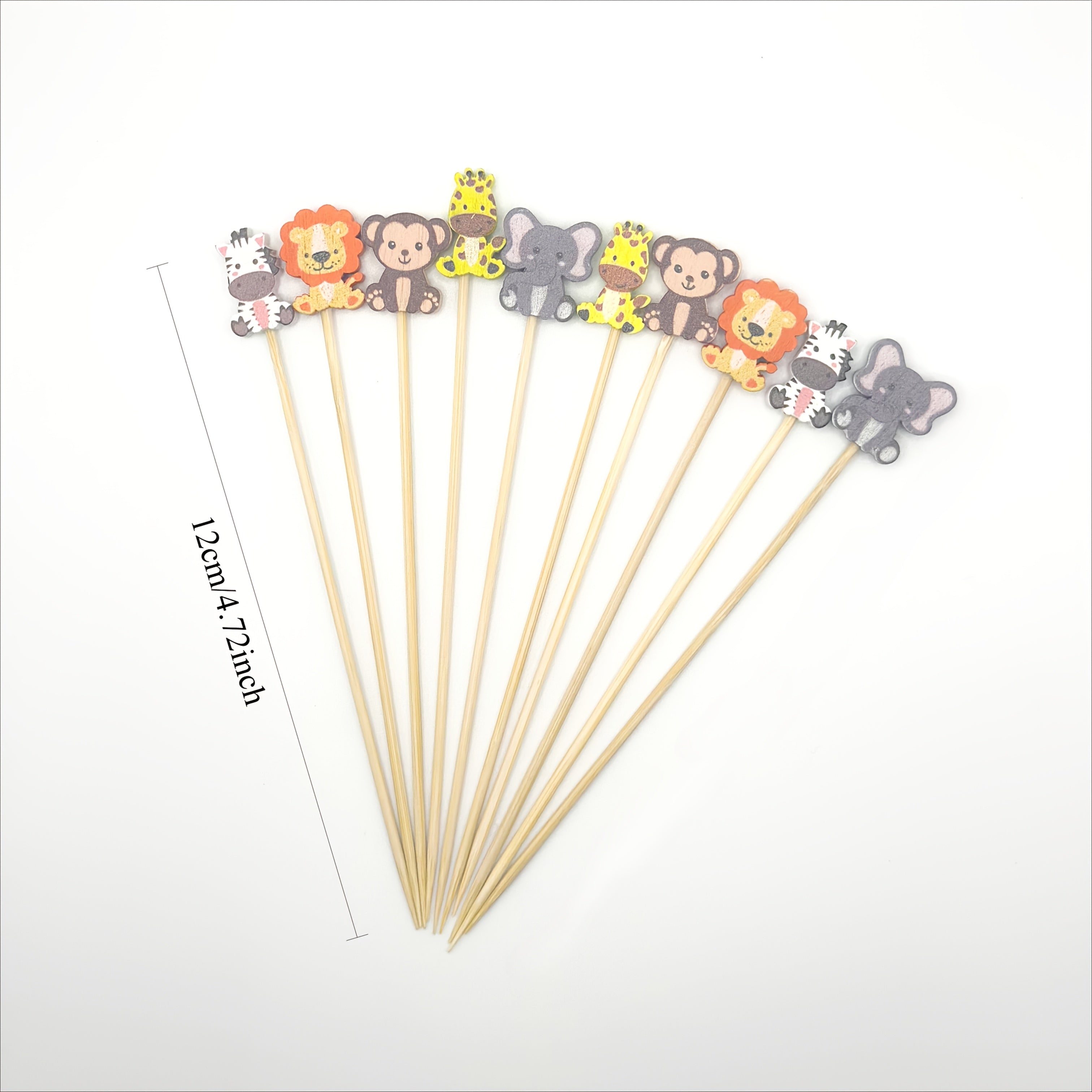 50/100pcs Palillos de Bambú con Animales del Safari - 11.94 cm Palillos Coloridos para Decoraciones de Fiestas, Aperitivos y Bebidas de Frutas - Brochetas Temáticas Divertidas y de Alta Calidad para Fiestas Infantiles y Eventos