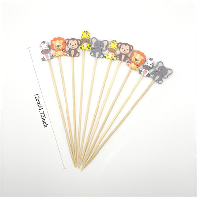 50/100pcs Palillos de Bambú con Animales del Safari - 11.94 cm Palillos Coloridos para Decoraciones de Fiestas, Aperitivos y Bebidas de Frutas - Brochetas Temáticas Divertidas y de Alta Calidad para Fiestas Infantiles y Eventos