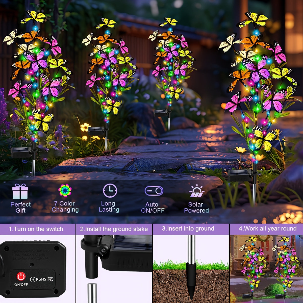 Luces solares para jardín con mariposas - Lámparas LED coloridas para césped con detalles de mariposas, decoración exterior para patio, jardín y caminos, regalo perfecto para el Día de la Madre, iluminación para senderos | Luces decorativas de mariposas