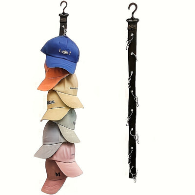 Una caja de almacenamiento para gorras de béisbol con clips, con ocho clips y capacidad para sostener 16 gorras en un estante, junto con ganchos para colgar gorras.