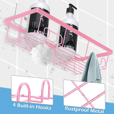 Organizador de Ducha Adhesivo Rosa de 2 Piezas con Ganchos, Acero Inoxidable Anticorrosión, Estante de Almacenamiento Montado en Pared Sin Taladro para Baño y Cocina - Diseño Ahorra-Espacio para Uso Interior de la Ducha, Accesorios de Ducha