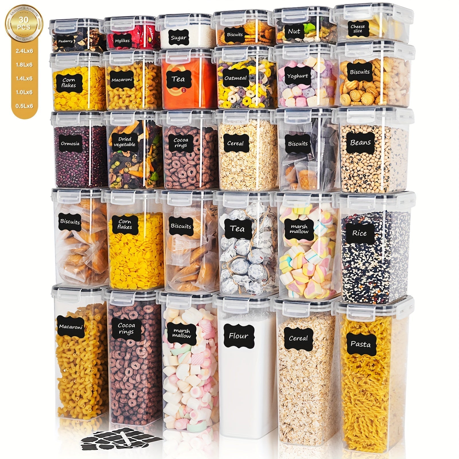 Juego de Recipientes Herméticos THELiFE para Alimentos, 5/10/20/30 Piezas con Tapas para Harina, Azúcar y Cereales, Botes Plásticos Organizadores de Despensa para Conservación