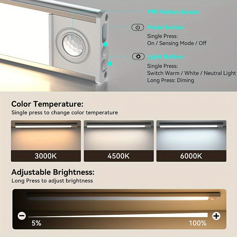 1 pieza de luz de armario con sensor de movimiento de metal, luces de armario y despensa LED, 3 colores, luces nocturnas interiores recargables por USB magnéticas, luces de fijo de encima de la encimera magnéticas con batería para armario de cocina, esca
