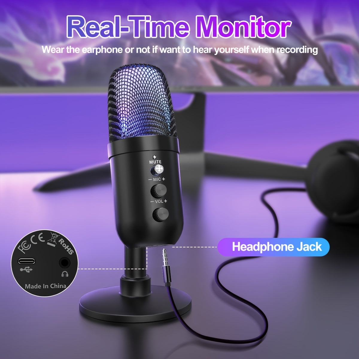 Microfono de Condensador ZealSound USB con Iluminación RGB - Plug and Play, Compatible con PC, PS4 & 5, Mac y Dispositivos Móviles - Ideal para Discord y Grabaciones en Zoom - Incluye Adaptador Tipo-C, Botón Silencio, Soporte Trípode, Filtro Pop y Antivi