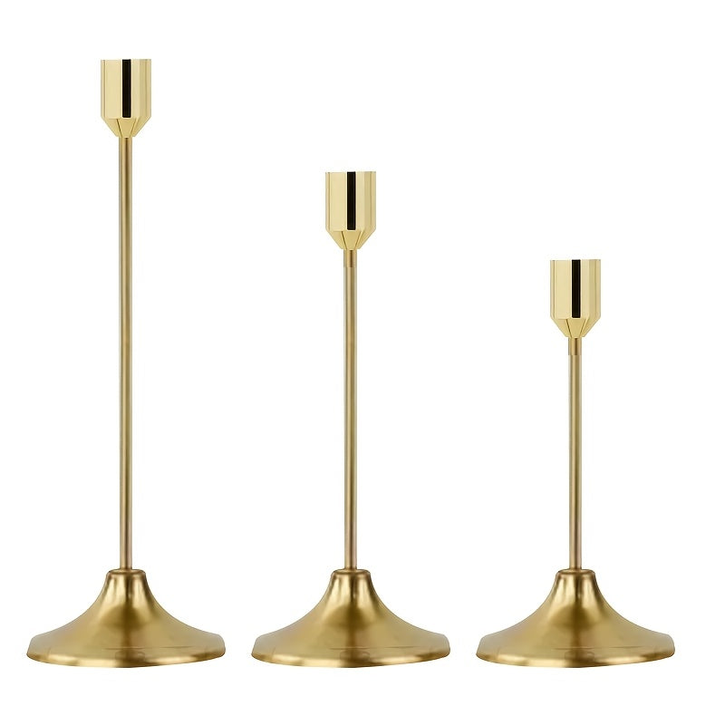 Conjunto de 3 candelabros vintage de latón, elegantes candelabros de metal para mesa, candelabros decorativos de temática familiar para el hogar, cenas románticas, bodas, eventos con velas no incluidas.