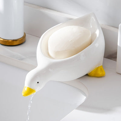 Jabonera con forma de pato auto-drenante, soporte para jabón de baño, bandeja de jabón con diseño de cascada lindo, conveniente para limpieza y almacenamiento