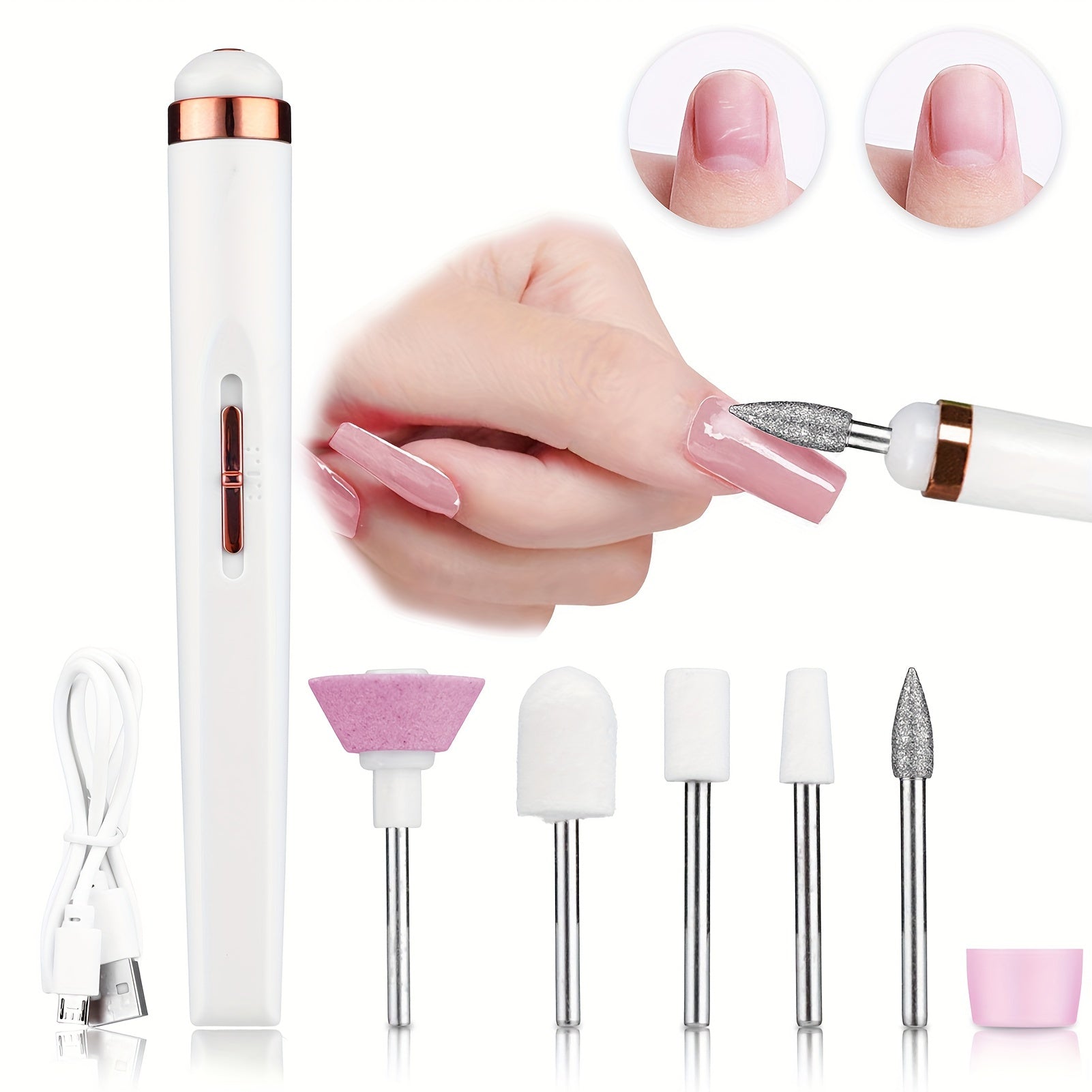 Taladro eléctrico inalámbrico profesional para uñas, portátil, con batería de litio recargable, incluye cabezales para pulir uñas y lijas para esmalte de uñas acrílico y gel, herramienta de cuidado de uñas | Cuidado moderno de uñas | Batería duradera, he