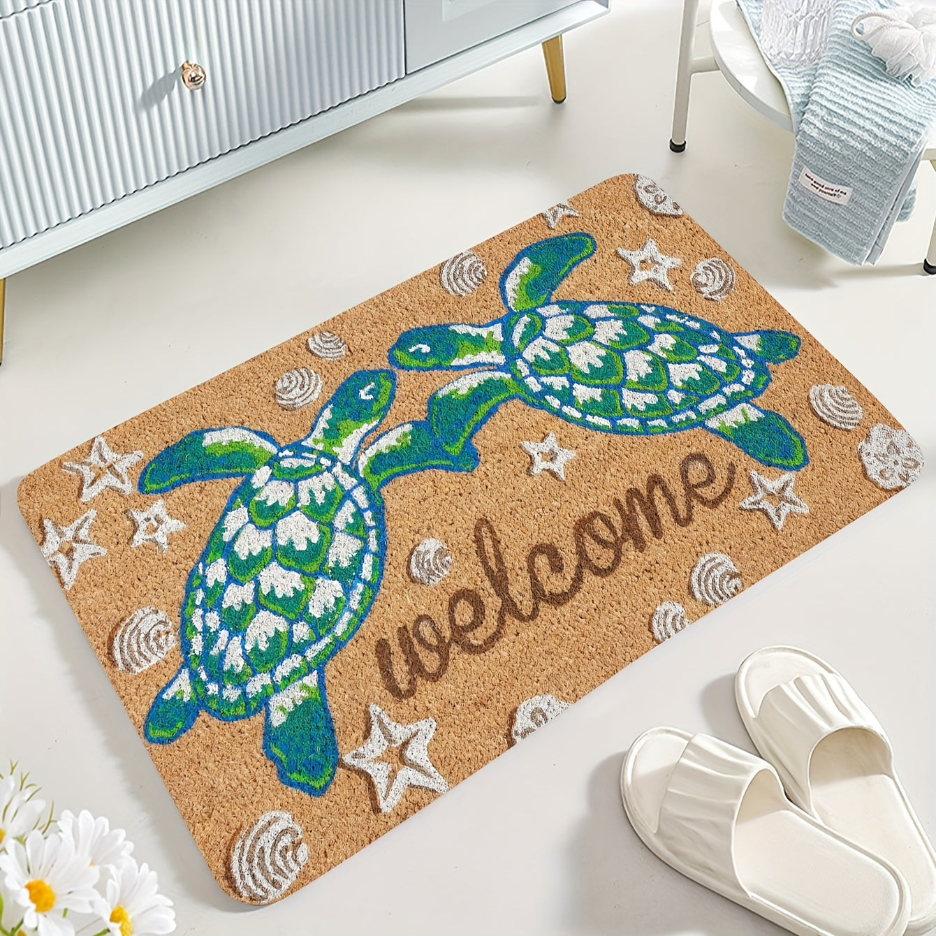 1 alfombra de bienvenida con diseño de tortuga antideslizante - Alfombra de poliéster lavable a máquina con respaldo de PVC, decoración temática costera para baño, cocina, sala y dormitorio, alfombra para piso de cocina | Decoración temática costera | Al