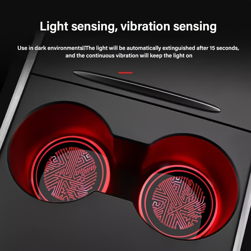 Tapete de luz inteligente LED para soportes de tazas de coche, placas de soporte anti-deslizamiento recargables por USB con sensor vibratorio y apagado automático, modos de encendido y apagado coloreados, accesorios interiores alimentados por batería, ac
