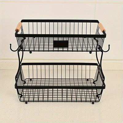 Cesta de frutas de 2 niveles con ganchos para plátanos - Estante de almacenamiento de alambre negro duradero para encimera de cocina, perfecto para frutas, verduras, snacks, café, cuidado de la piel y toallas, solución de almacenamiento de cocina | Acces
