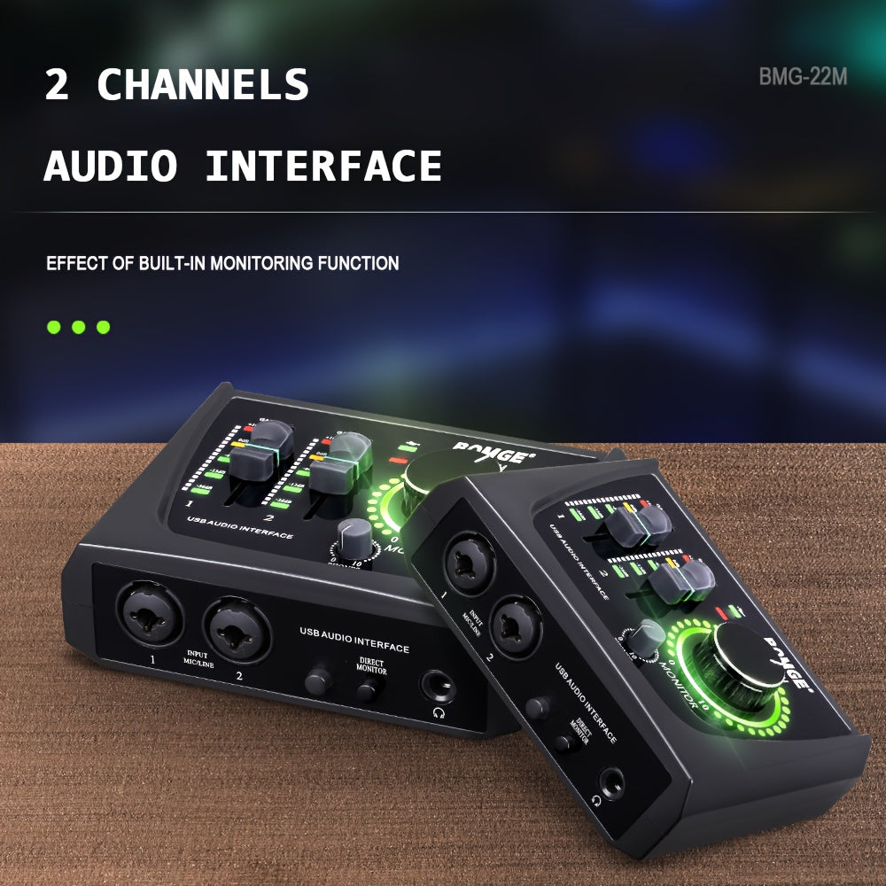 BOMGE Mini 2 canales USB Audio Interface Profesional, de Estudio con iluminación RGB de 16 bits, mezcla de 2 canales, para grabación, transmisión, podcasting - Ideal para guitarristas, vocalistas, creadores de contenido y podcasters, material ABS, alimen