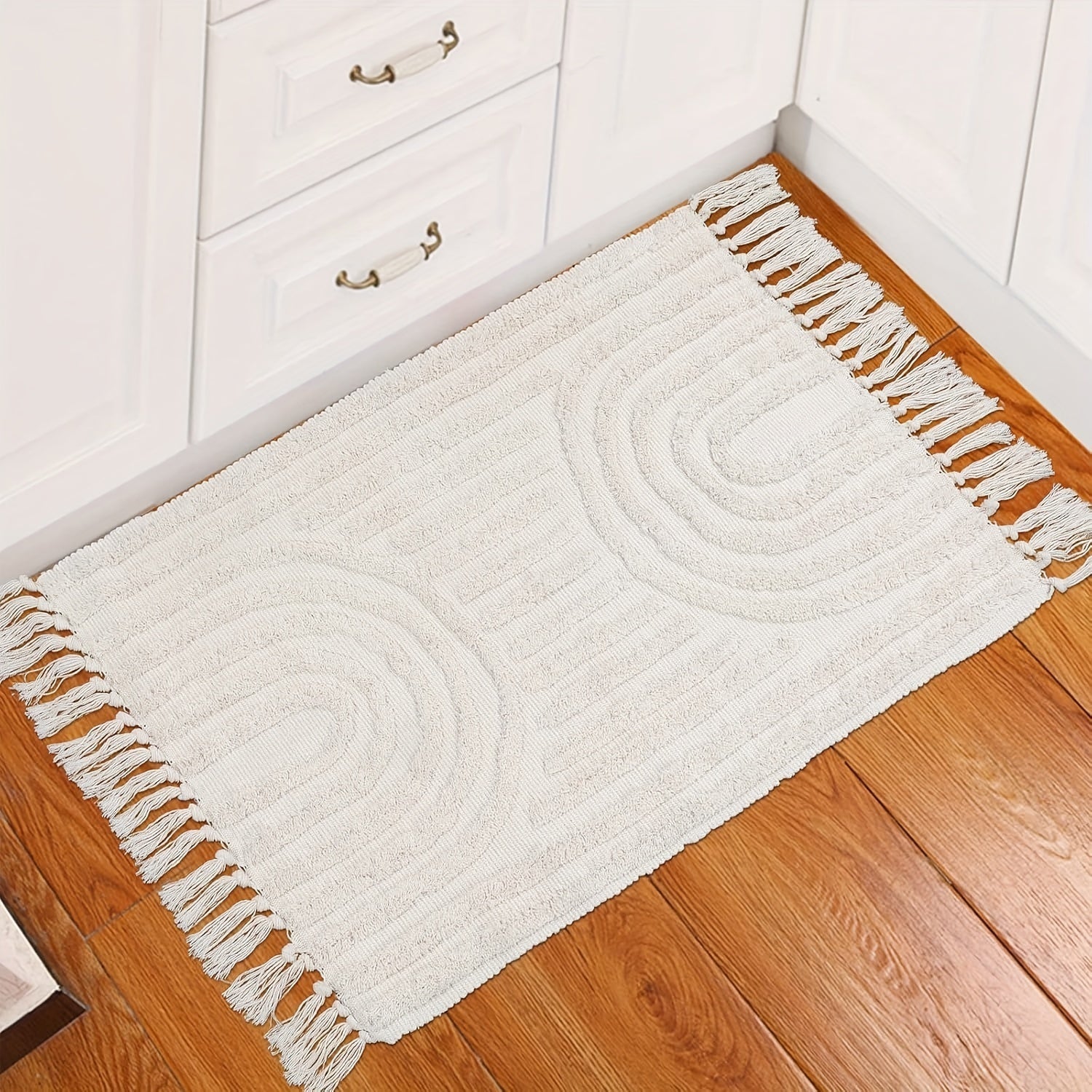 Alfombra de área con diseño bohemio de arcoíris y flecos - Lavable a máquina, antideslizante, tapete de poliéster ideal para sala, entrada, dormitorio - Alfombra geométrica para interior/exterior, cocina, pasillo, porche, lavandería