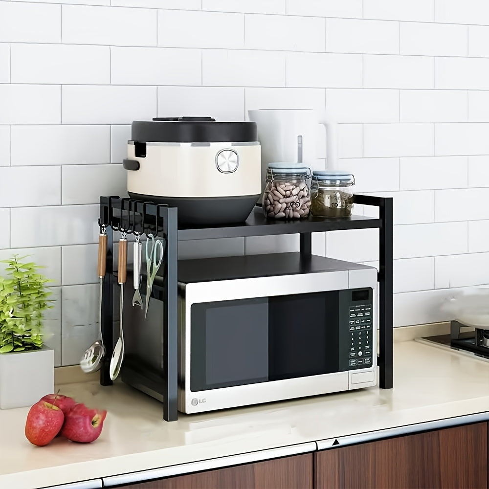 Carrito de cocina expansible de 2 niveles de acero inoxidable con 6 ganchos - Ideal para microondas, electrodomésticos y almacenamiento de especias - Perfecto para la organización de la cocina moderna, solución de almacenamiento de cocina | Carrito de co