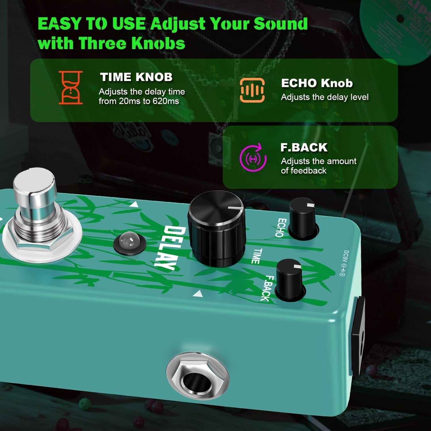 Amuzik Pedal de Retardo Analógico para Guitarra - Vintage, Efecto True Bypass con Tiempo de Retardo (20ms-620ms) y Control Mix, Alimentación USB (Sin Adaptador Necesario), Mini Pedal Board FX para Guitarras Eléctricas, Compatible con Amplificadores y Mul