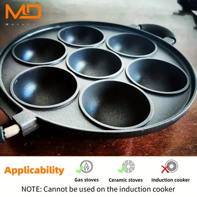 MOREDOR Sartén Antiadherente de 7 Agujeros con Molde para Pasteles de Aleación de Aluminio y Mango Ergonómico, Fácil Limpieza y Diseño Ahorrador de Espacio para Cocina en Casa, Actividades al Aire Libre, Panqueques, Empanadas