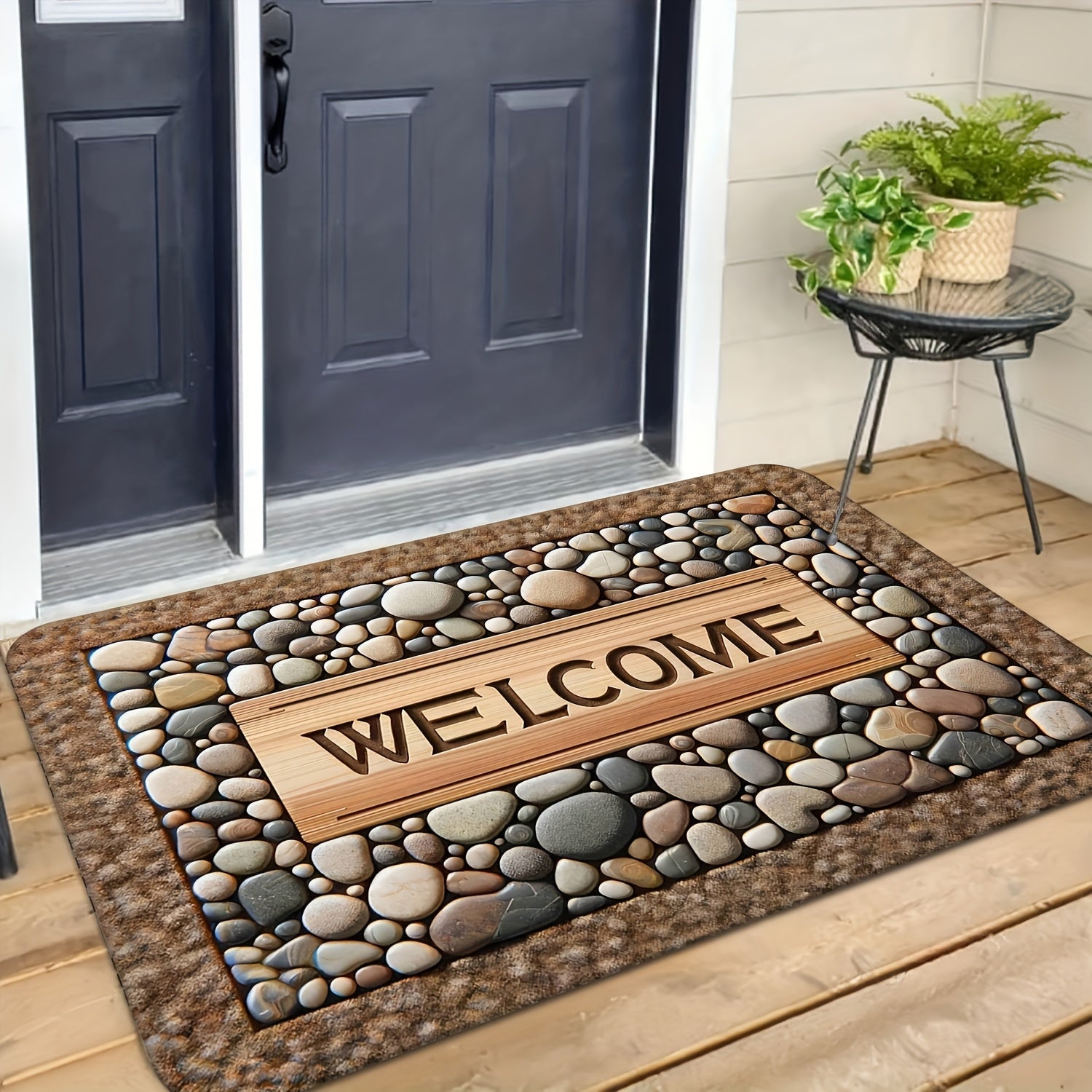 Tapete de bienvenida con diseño de piedra – Antideslizante, lavable, decoración rústica para entrada de casa, material de poliéster, fácil de limpiar, tapete para puerta principal