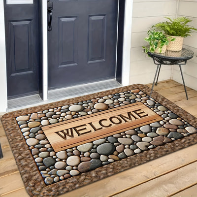 Tapete de bienvenida con diseño de piedra – Antideslizante, lavable, decoración rústica para entrada de casa, material de poliéster, fácil de limpiar, tapete para puerta principal
