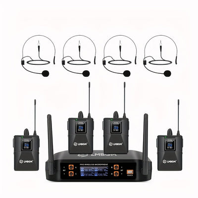 Sistema de micrófono inalámbrico LMBGM Pro 4 canales 4 Bodypacks Lavalier 4 Micrófonos de solapa 4 Auriculares para sistema de karaoke Iglesia Hablando Conferencia Boda Fiesta.