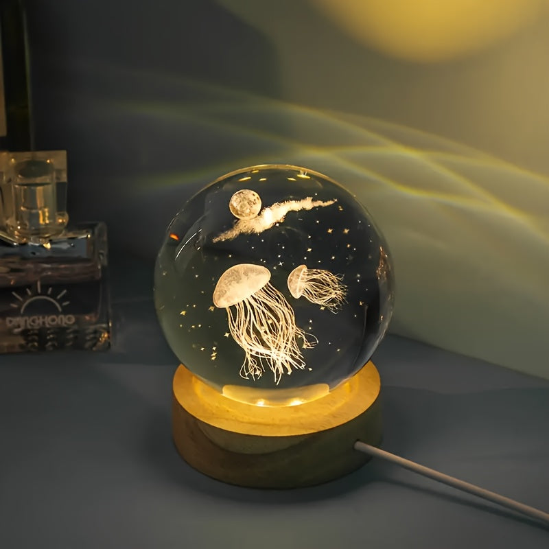 1 pieza de base de madera, luz colorida, 3D, bola de cristal tallada, medusa del océano, luz de noche, bola de cristal, adecuada para decoraciones de fiestas, regalo de cumpleaños.