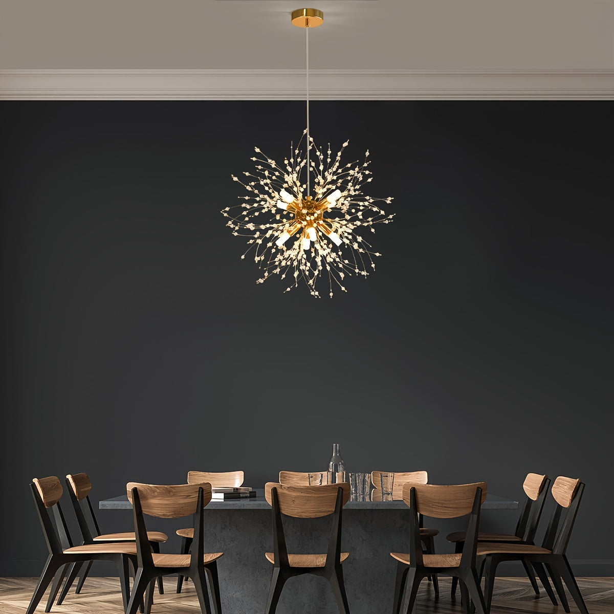 1 lámpara de cristal dorado de lujo, diseño moderno de diente de león, 8 bases para bombillas G9 - sin bombillas incluidas, cable ajustable, estructura metálica, ideal para sala, comedor, dormitorio o cocina