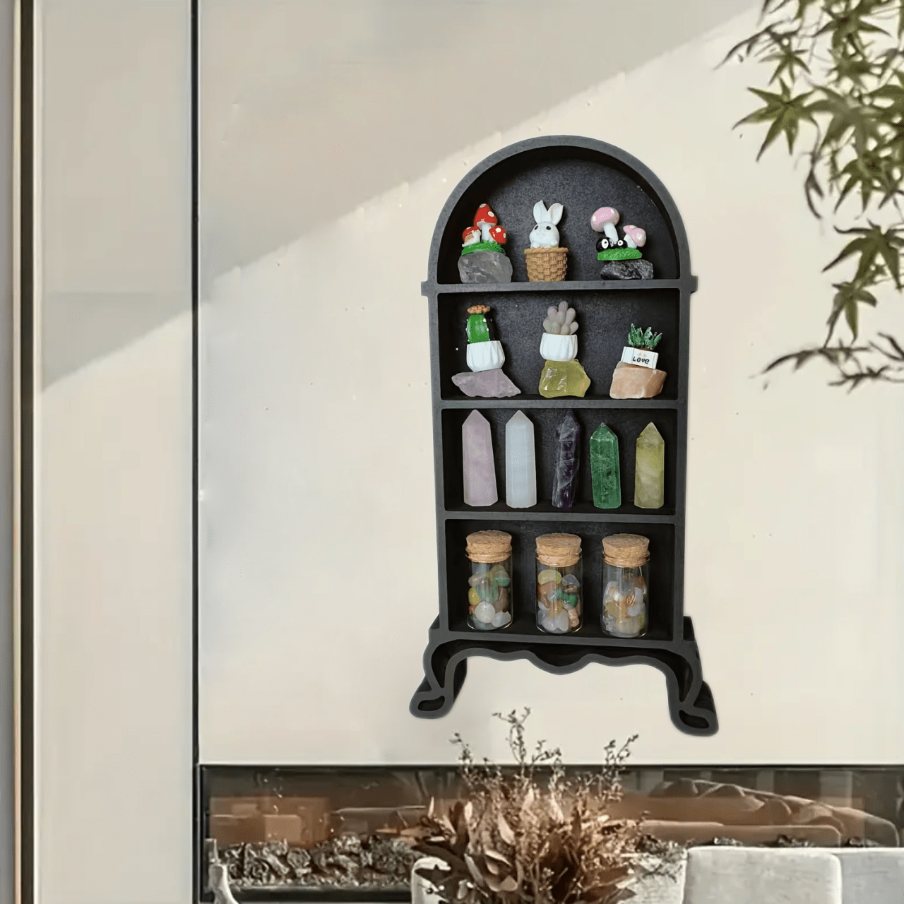 Estantería Mini en Forma de Arco con Exhibición de Cristal - Estante de Almacenamiento de Madera Montado en la Pared para Decoración de Hogar, Oficina y Sala de Estar, Arco de Puerta, Estantes Flotantes